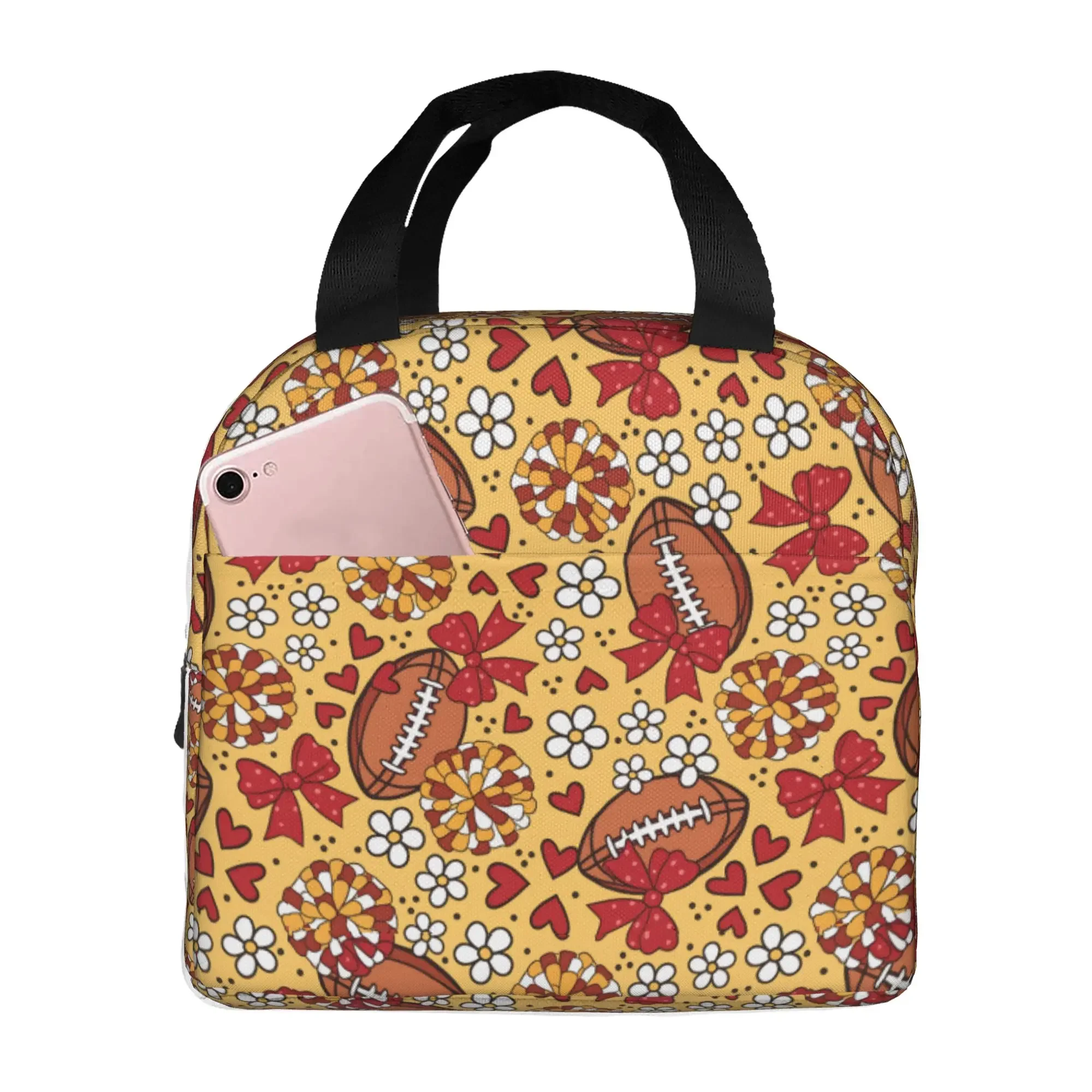 Football Cheer Bows Rugby Union  Insulated Lunch Bag for Work School Yellow Red Resuable Cooler Thermal Bento Box Women Men