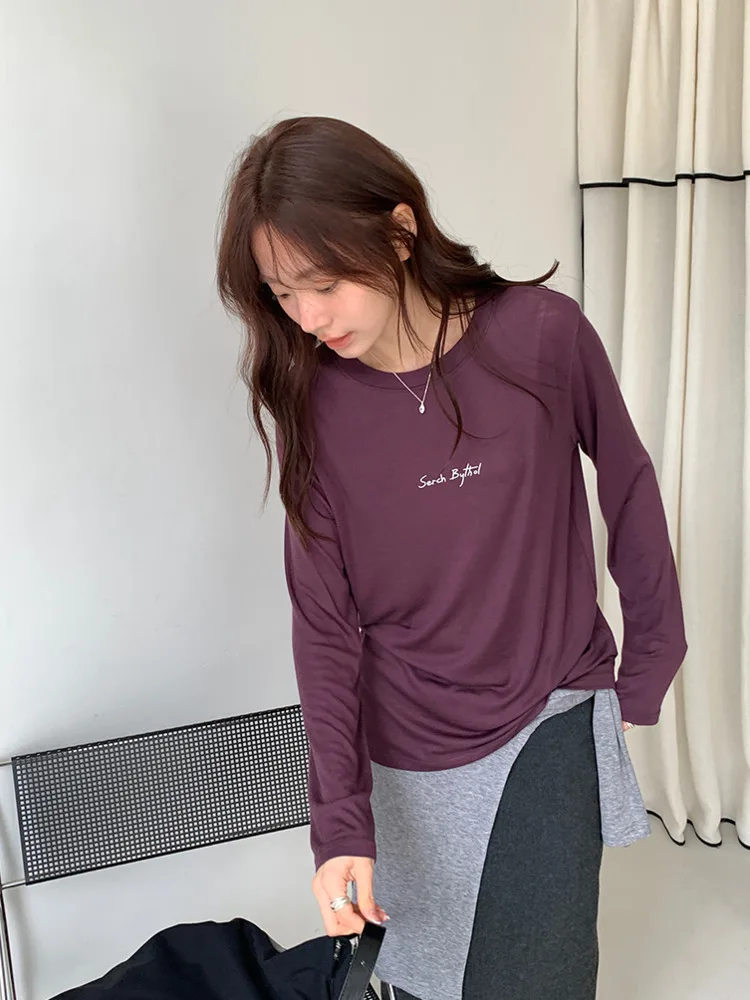 

Autumn Letter Print Thin T-shirt Women Korean Lyocell Wool Round Neck Long Sleeve Casual Tops