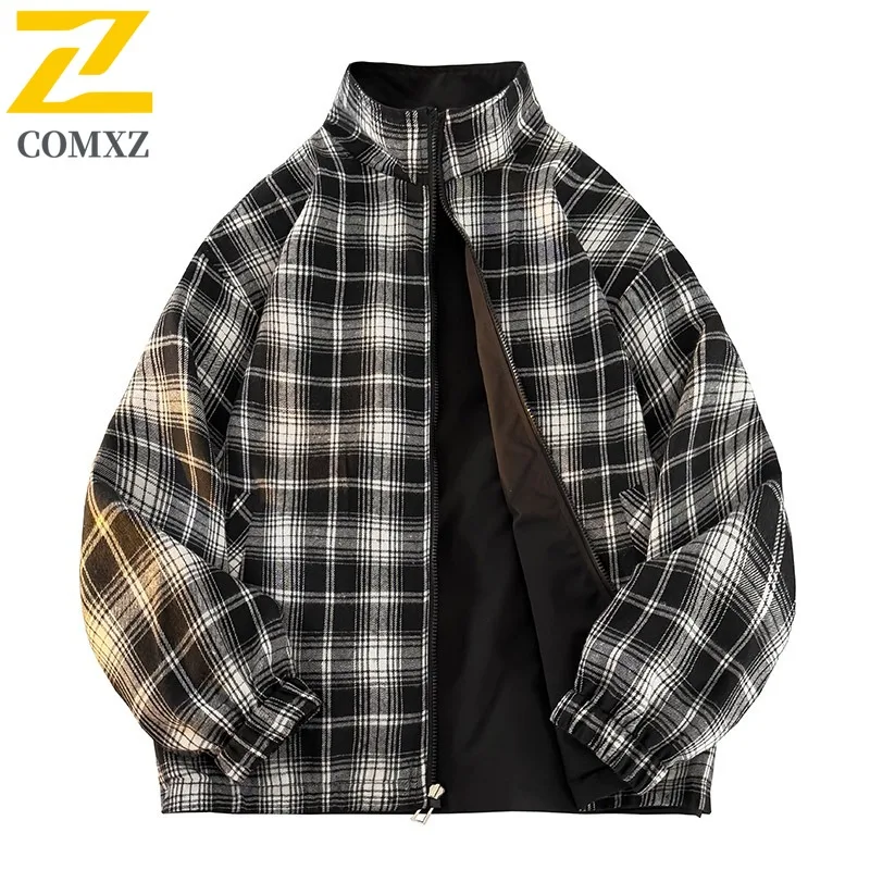 COMXZ 2025 Spring Autumn Reversible Stand Collar Jacket Mens Japanese Style Thin Casual Coat tactics lightweight windbreaker
