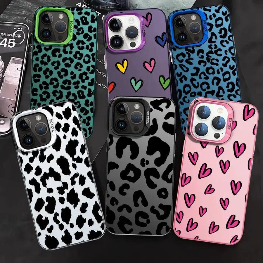 Phone Case for iPhone 16 15 14 Pro Max X XS 12Pro 11 XR 13 14Plus 11Pro 12 Shockproof Shell Cover Leopard Heart Spots