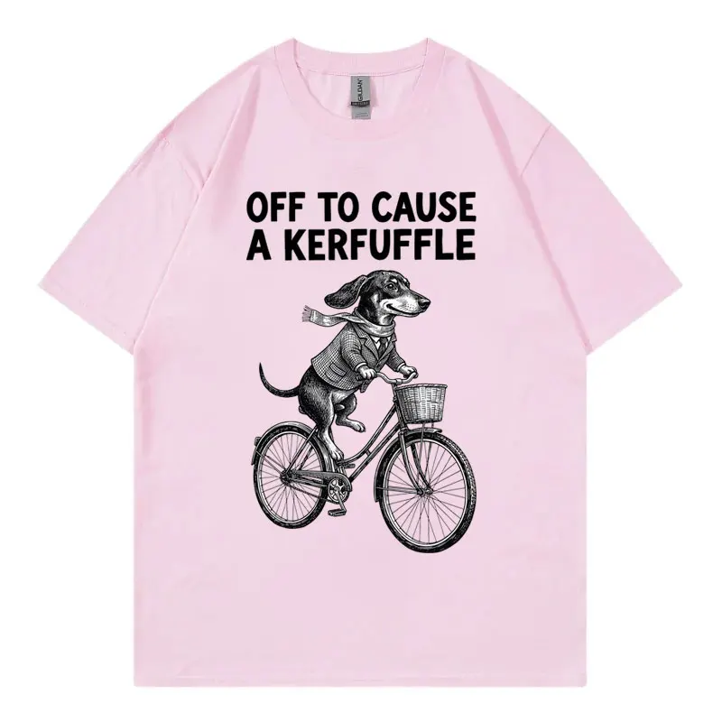 Off To Cause A Kerfuffle Dachshund Bicycle Chaos Funny Meme T Shirt Unisex Fashion Casual T-shirts Summer Loose Cotton T-shirt