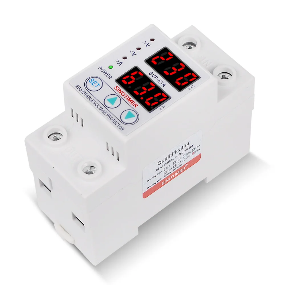 

SVP-63A 220V Single-phase Smart Adjustable Over Under Voltage Protection Limit Current Protector Dual Display Automatic Reset