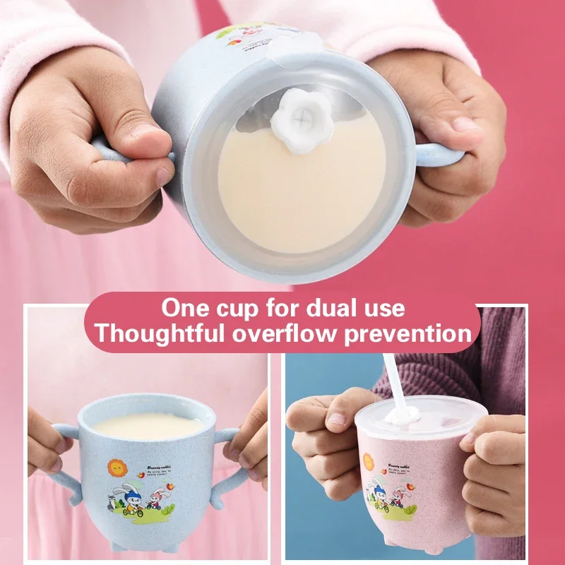 

Детские чашки для питья, экологическая чашка из пшеничной соломы, милая детская чашка для кормления с крышкой с двойной ручкой и соломинкой, тренировочная чашка для младенцев