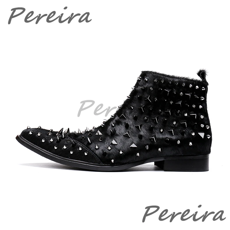 Men's Rivet Plush Short Boots British Style Fur Pointed Toe Cowhide Side Zipper Chelsea Boots Autumn Winter Trendy Male Shoes
