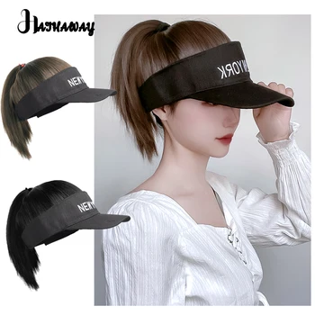 여성용 합성 가발 짧은 머리 모자, 용수철 여름 온라인 연예인 모자, 하이 포니테일 스트레이트 헤어 자외선 차단 모자, Fu