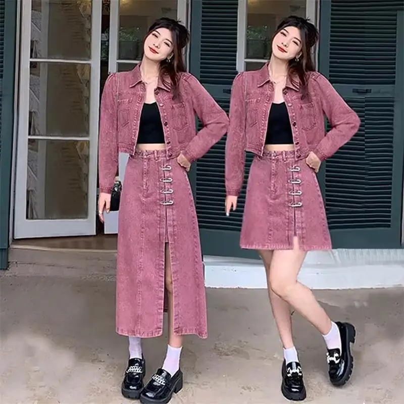 

Romantic Lavender plus Size Denim Jacket High Waist Skirt Set Women's Anti-Aging Ensemble Long Sleeve Collar Buttoned