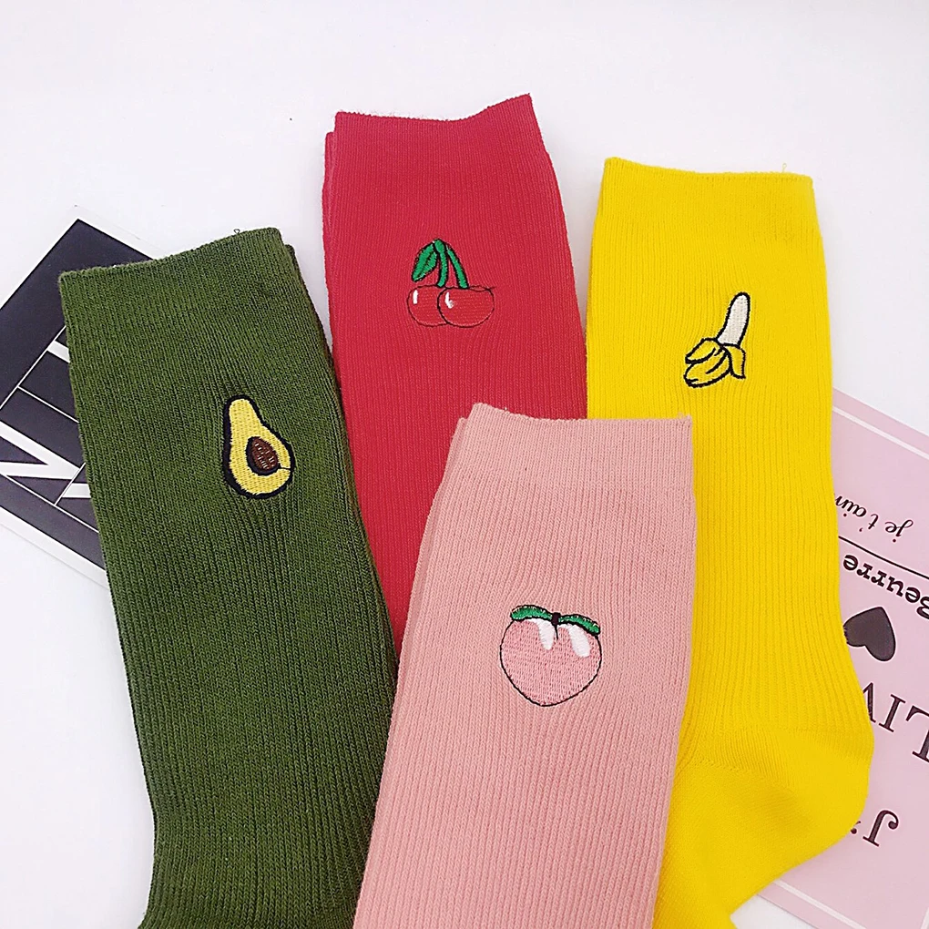 Women Adult High Cut Cartoon Fruit Pattern Breathable Cotton Medium Thickness Socks for Daily