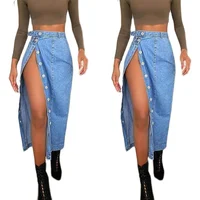 Casual Mid-Length Denim Skirt High Waist A-Line Skirt with Slit for Women Commute Pure Color Long Skirt with Button Detail - Image 5
