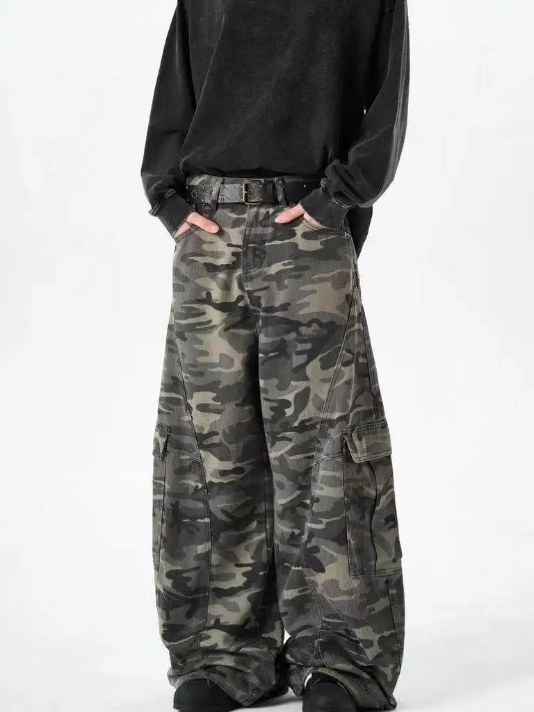 Amerikaanse retro camouflagemesjeans met wijde pijpen ex Loose Fit werkkleding High Street Trend Jeugd Casual katoenen denim