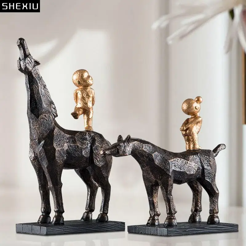 

Cute Boy Rider Black Horse Ornaments Desktop Decor Abstract Artwork Resin Crafts Sculpture Living Room Decoration Furnishings