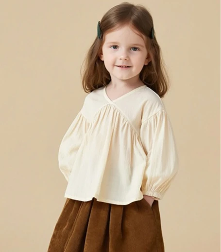 Spring and Autumn Nordic Style Round Neck Back Button Up Children Shirt Double-layer Crepe Lantern Sleeve Top Comfortable Shirt