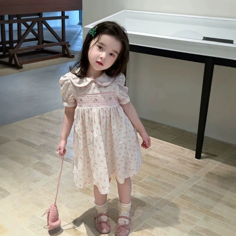 Girls' 2026 Summer Dress with Cherry Blossoms Western Style Doll Neck Cotton Breathable Dress