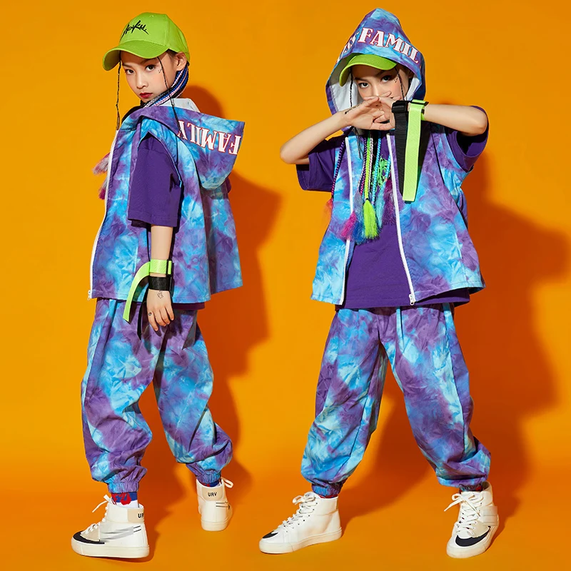 Vest Cargo Pants Performance Costume Festival Clothing Tie-dye Hip Hop Dancewear kids Purple Street Dancer Outfit Rave