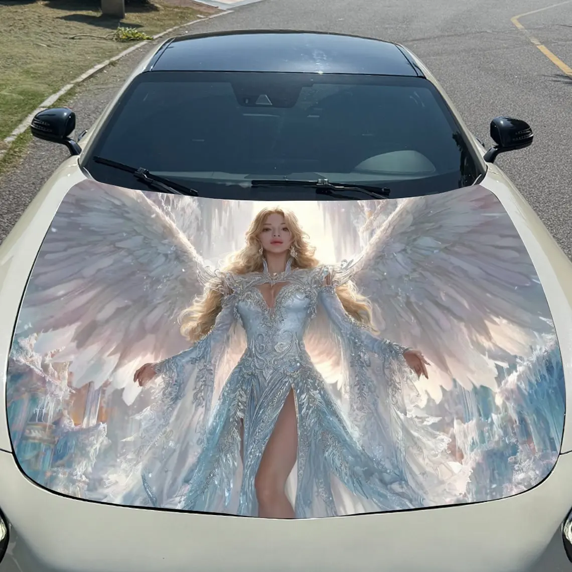 [بناء متين] ملصقات غطاء محرك السيارة الملاك المجنح - مقاومة للخدش، مادة PVC مقاومة للطقس، سهلة الالتصاق، إضافة ب