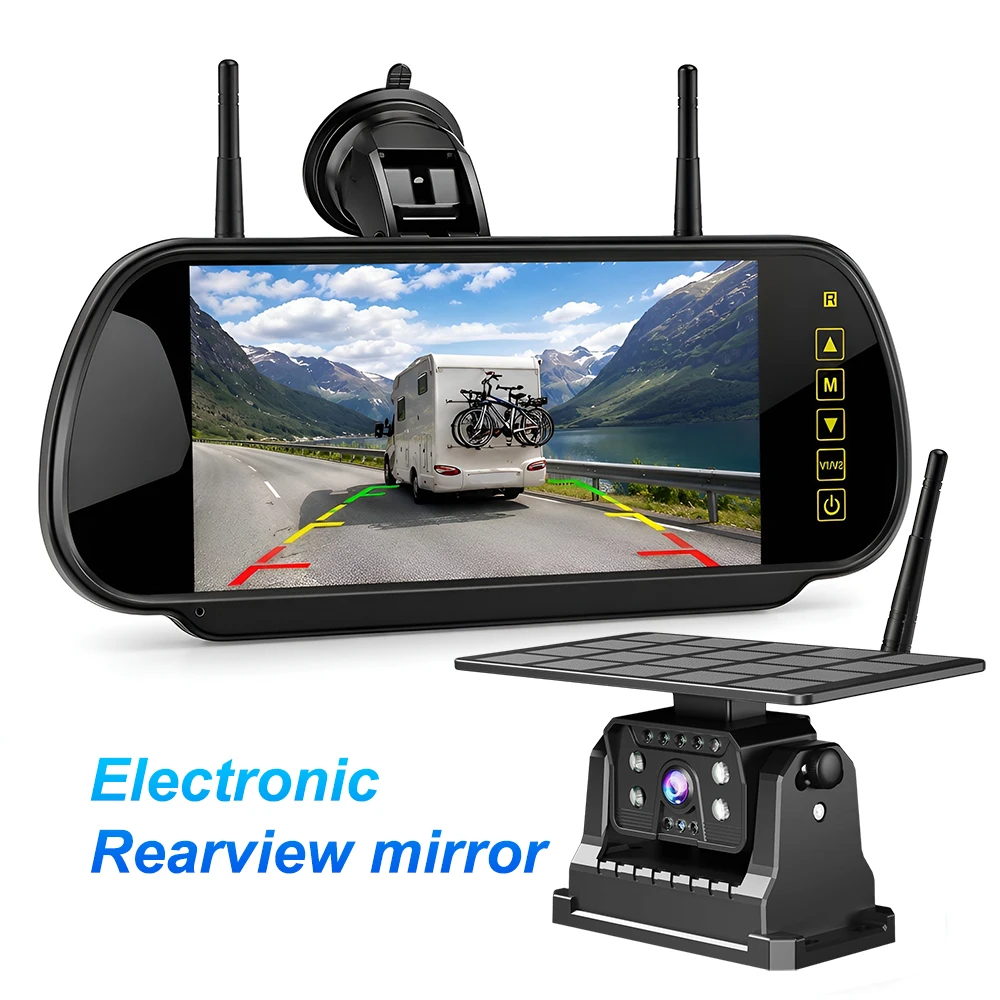 Wireless Solar Backup Camera System 7" Rearview Mirror Monitor 1080P Magnetic Night Vision Dash Cam DVR for Truck RV Pickup