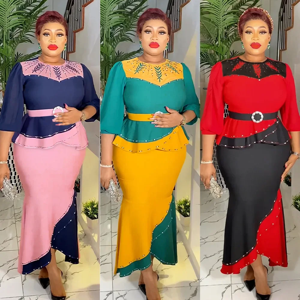 

Europe, America and Africa Large-size Women's Clothing Temperament Commuter Color Contrast Two-piece Set Hot Diamond Dress