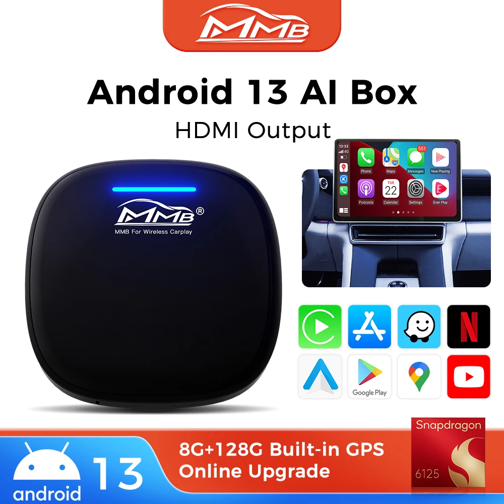MMB Wireless CarPlay AI Box Android Auto Android 13.0 QCM6125 8-Cores BT 5.2 Auto Connection GPS 4G SIM for 2024-2026 Polestar 4