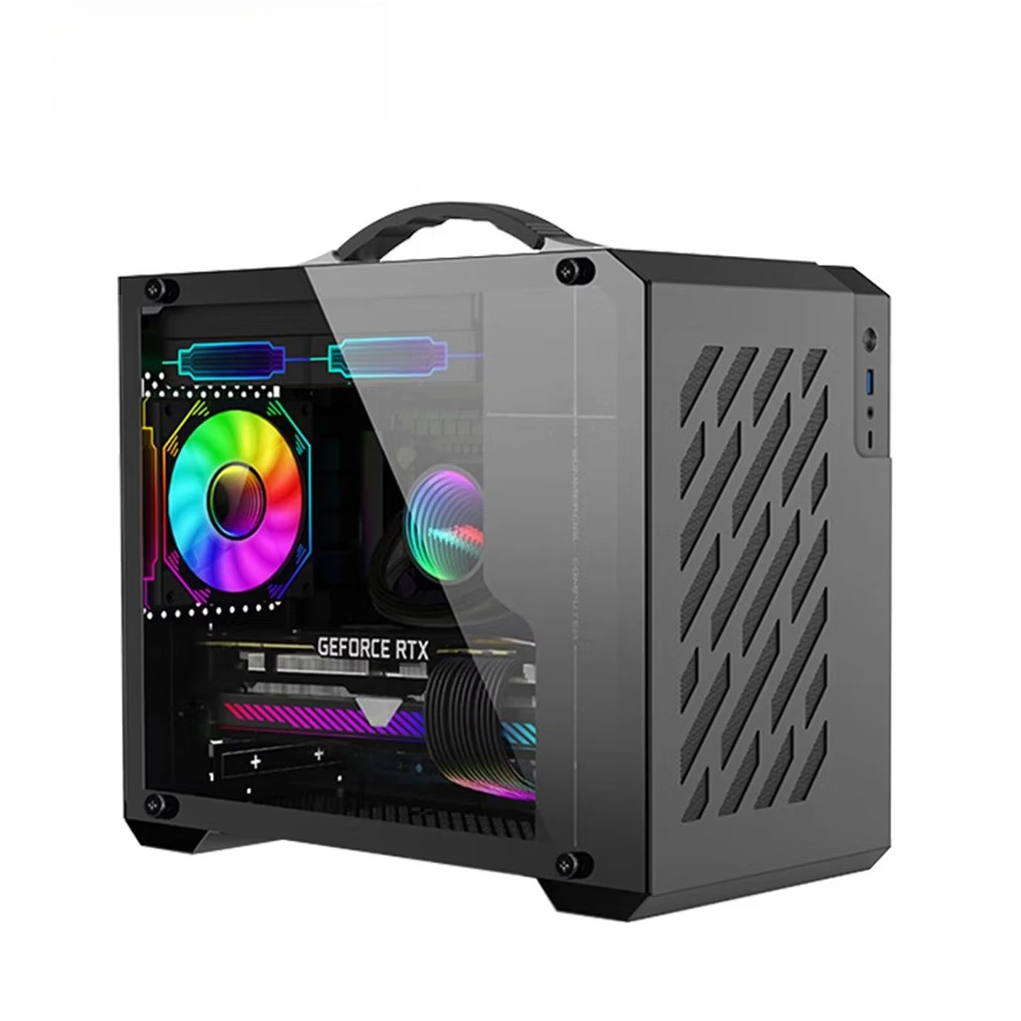 Without Fan Black MATX Case Glass Side Transparent Vertical Desktop Portable ITX Case, Supports 240 Water Cooling 6 Fan Position