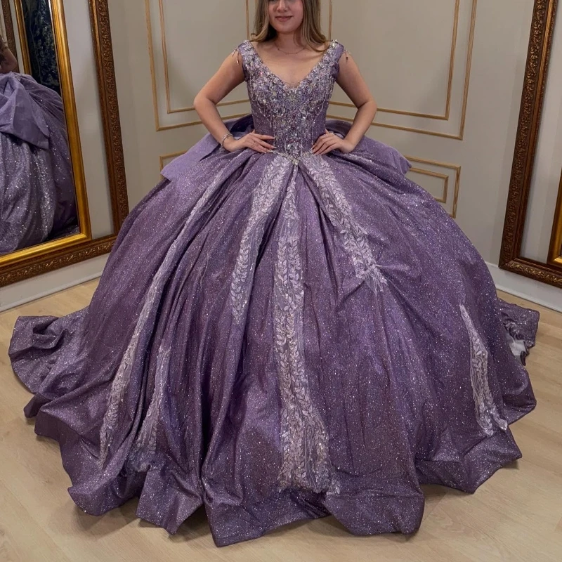

Lilac Shiny Quinceanera Dresses Ball Gown Off Shoulder Appliques Lace Beading Crystal Tull Sweet 16 Dress Vestidos 15 de anos