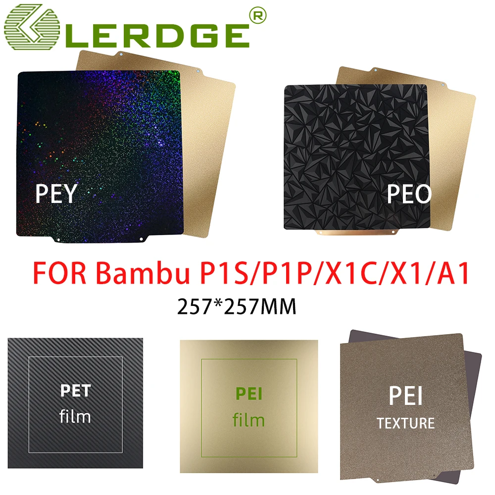 

LERDGE двухсторонняя 257x257 мм Строительная пластина текстура PEI + PEO PET текстура/Гладкий PEI Магнитный пружинный стальной лист для Bambu lab x1 p1p