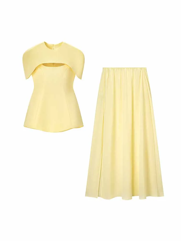 여성 봄 패션 다용도 민소매 단색 캐미솔 탑+ 엘라스틱 미디 스커트 여성 캐주얼 드레스 3피스 세트