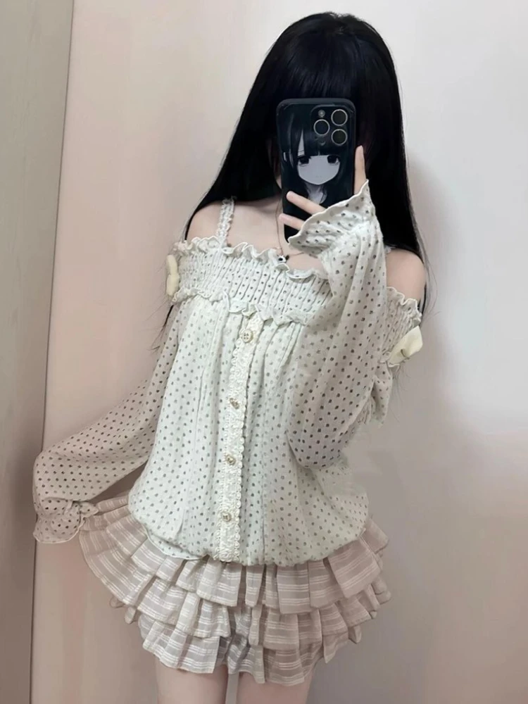 

Модный винтажный новый весенний японский комплект из двух предметов в стиле Preppy: свободный повседневный костюм в горошек с открытыми плечами для женщин, коллекция 2026