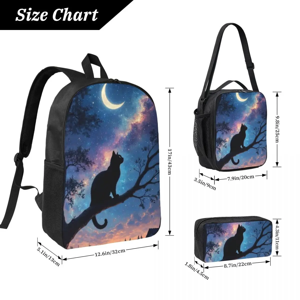 Dark Night Forest Black Cat Backpack Boys Girls BookBag School Bag Laptop Shoulder Bags 3ps Insulated Lunch Bag Pencil Case
