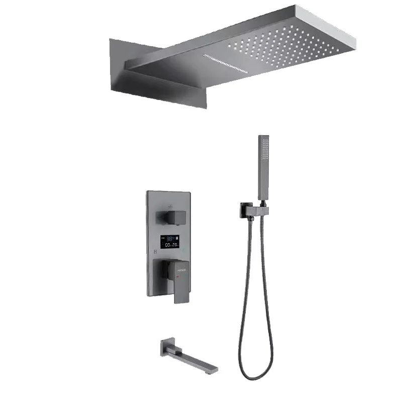 

Concealed shower, recessed, black, household, waterfall, digital display into the wall