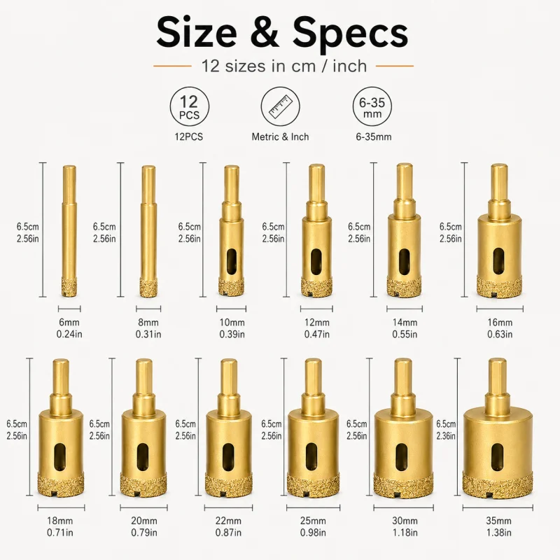 12Pcs Diamond Hole Saw Set 6‑35mm Hex Shank Diamond Core Drill Bits for Tile Glass Marble Stone Drilling
