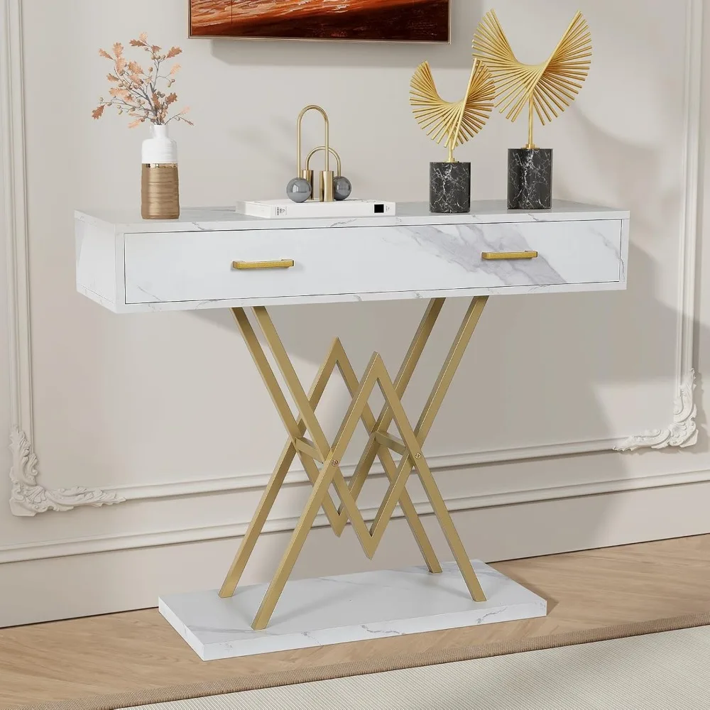 

Console Table with Drawer White and Gold Modern Entryway Desk with Storage 39’’ Entry Hallway Stand with Faux Marble Veneer Tab