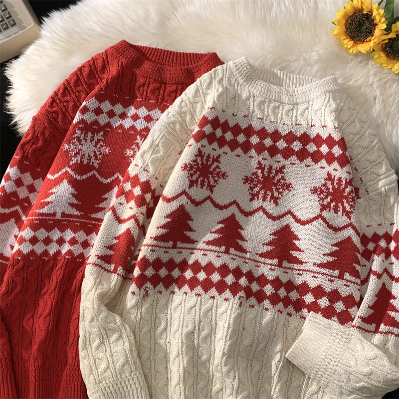 

Autumn Christmas Tree Jacquard Sweater For Men Round Neck New Year Red Knitted Top American Casual Fashion Retro Knitting Tops