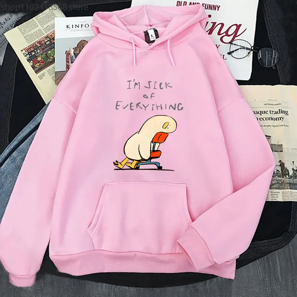 Duck I'm Sick of Everything Hoodies Cartoon Anime Graphic Sweatshirt with Hooded Long Sleeve Casual Y2k Sudadera Women/Men Tops