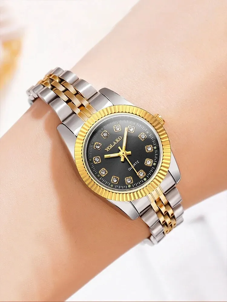 1 reloj de pulsera de cuarzo con banda de acero dorado para habitación redonda a la moda para mujer