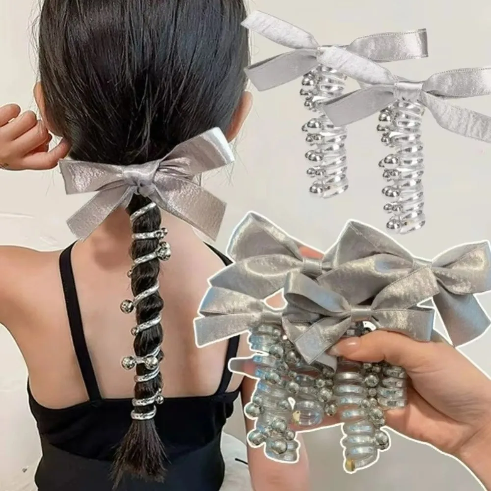 Stretchable Silver Bowknot Elastic Hair Band Bubble Braid Hair Accessories Telephone Wire Hair Tie Spiral Rubber Band Women