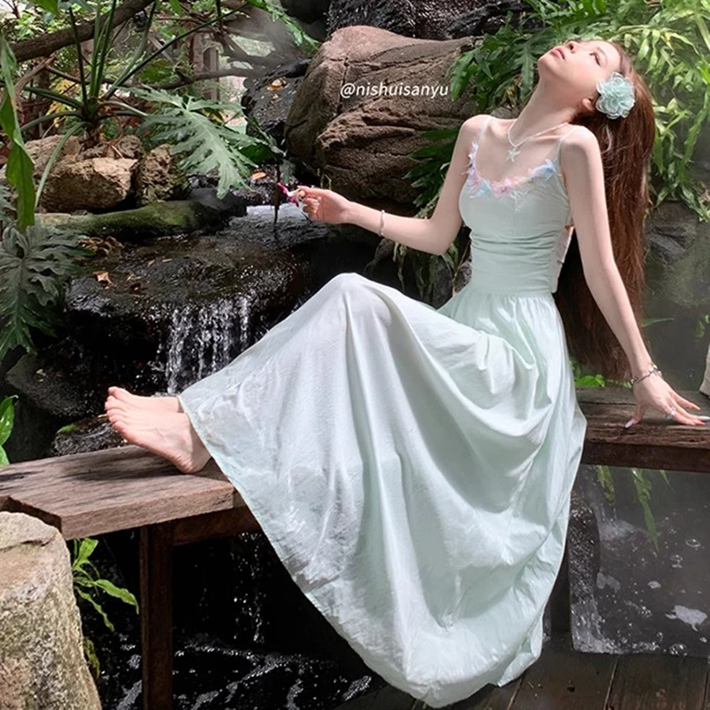 New French Women Dresses Green Strappy Dress for Women's Summer Beach Vacation