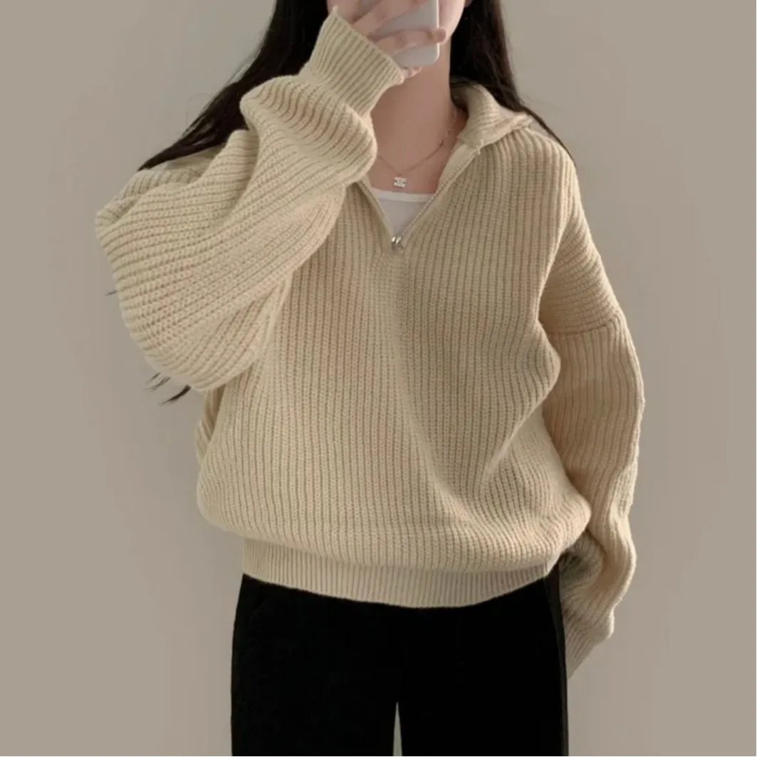 

Women's Knitted Loose Fit Sweater Autumn Winter Color f Zip High Collar Lazy Sle Warm Overhead Top Commute Faion
