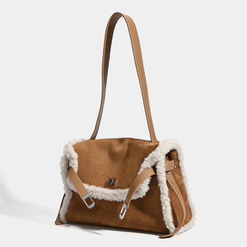 

Casual Faux Suede Messenger Bags For Women Luxury Designer Handbag Purses 2026 New In Imitation Lamb Wool Trim Underarm Shoulder