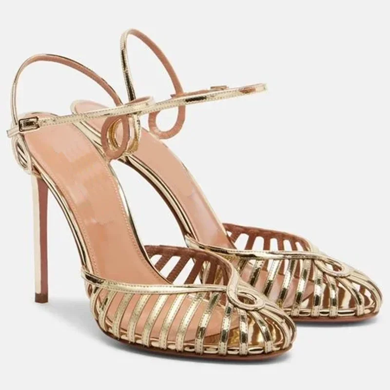 

Narrow Band Gole Metallic Leatehr Sandals Sexy Round Toe Thin Heel Slingback Straps New Arrivals Fashion Women Modern Shoes