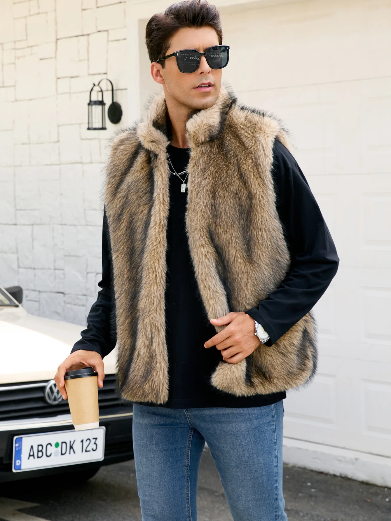 Men's Stand-Up Collar Faux Fur Vest 2025 New Fashion Artificial Fur Coat Trendy Men's Outerwear