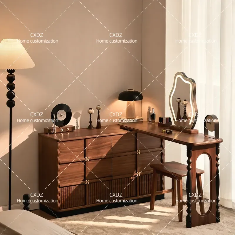 French Retro Style Solid Wood Dresser with Retractable Chest Corner Makeup Desk Integrated Storage for Bedroom