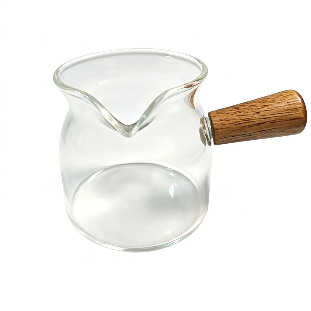 Heat Resistant Glass Pitcher with Wooden Handle, Milk Jug & Creamer for Coffee, Transparent Coffee Server