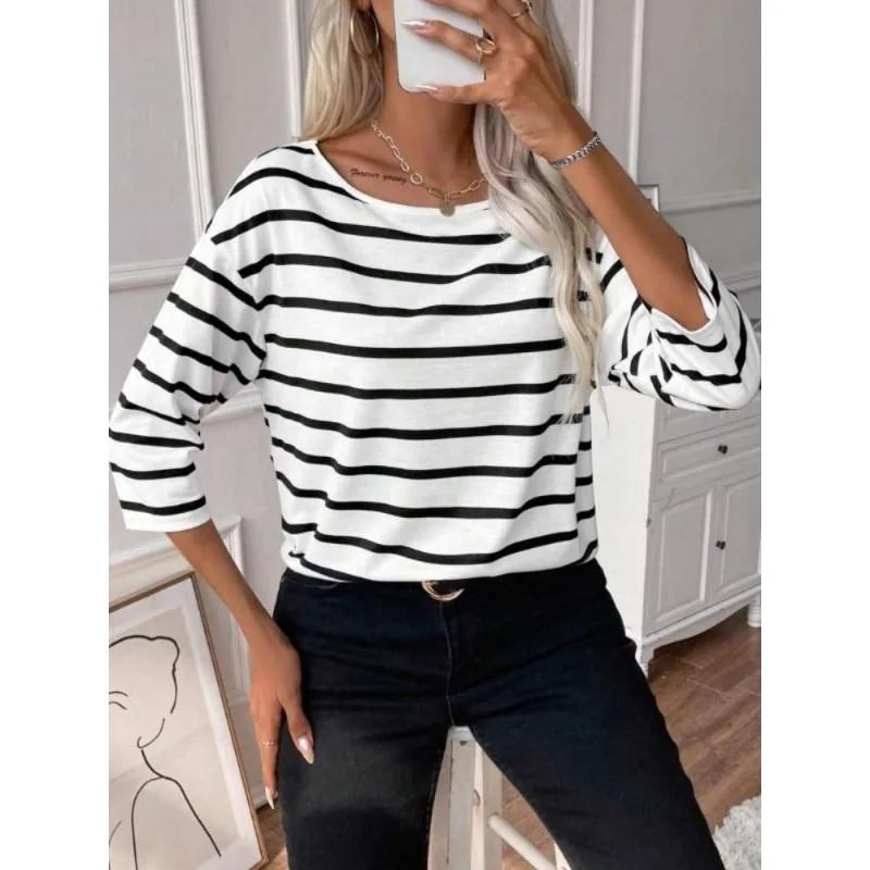 

Plus Size 1XL-5XL New Woman's Fashion T-shirts Casual Long Sleeve Striped O-Neck Loose Fashion Ladies Tops
