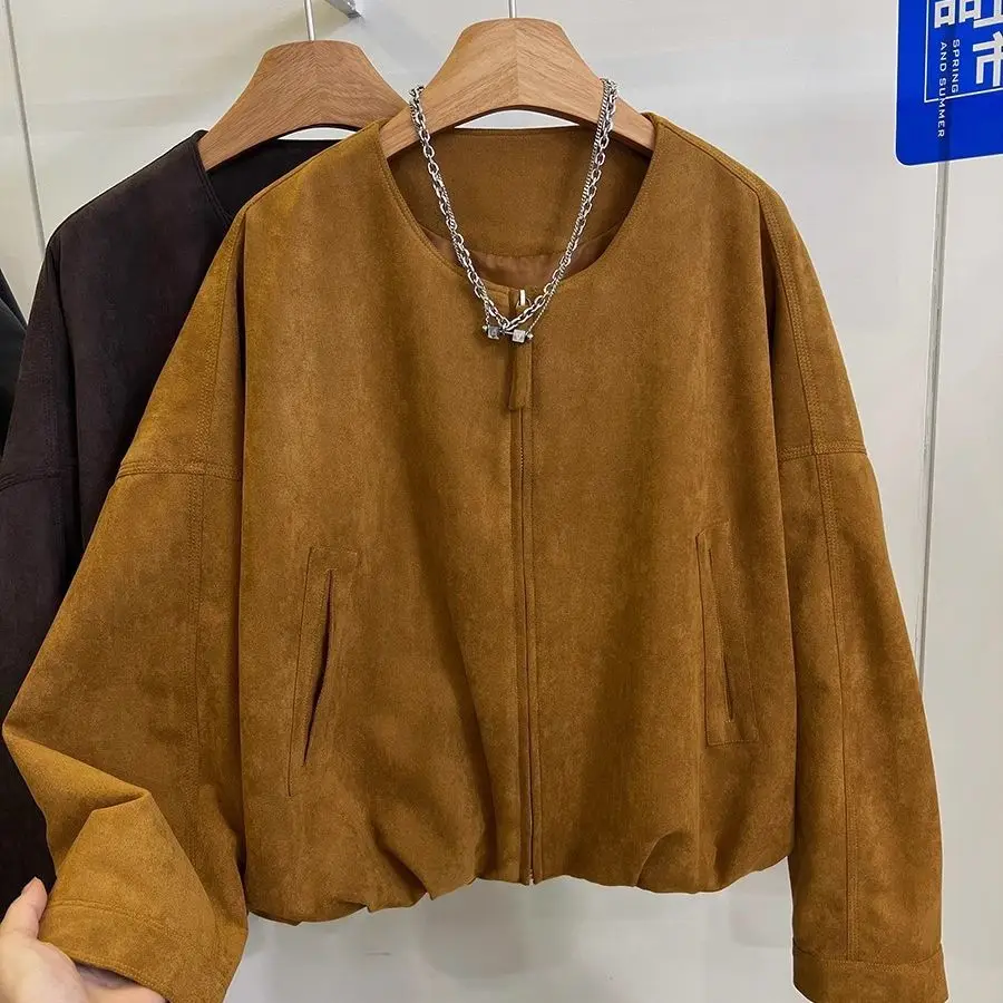 

European short imitation suede jacket women's small foreign loose and versatile high-end baseball jacket top