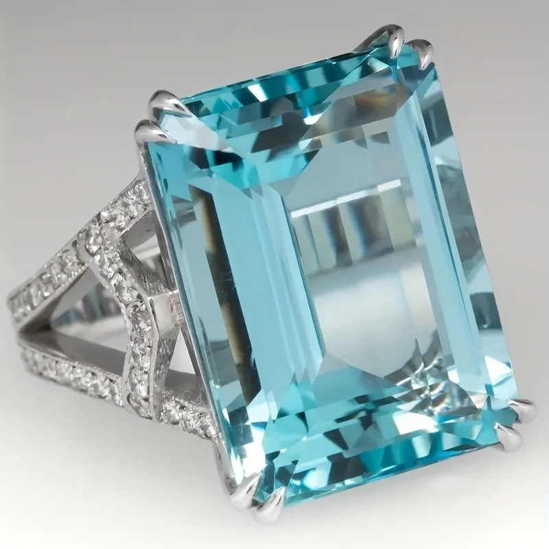 New Creative Large Rectangular Blue Zircon Women\'s Ring Jewelry Wholesale