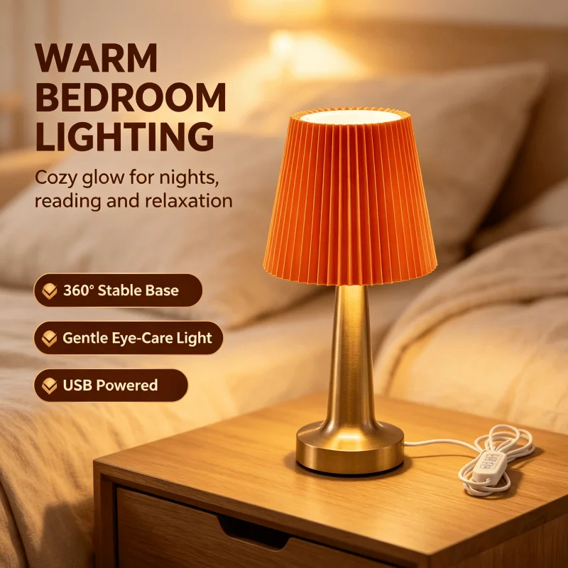 Modern Table Lamp, Pleated Fabric Shade, USB Control Port, Elegant Gold Base, Warm Eye-Catching Night Light for Bedroom