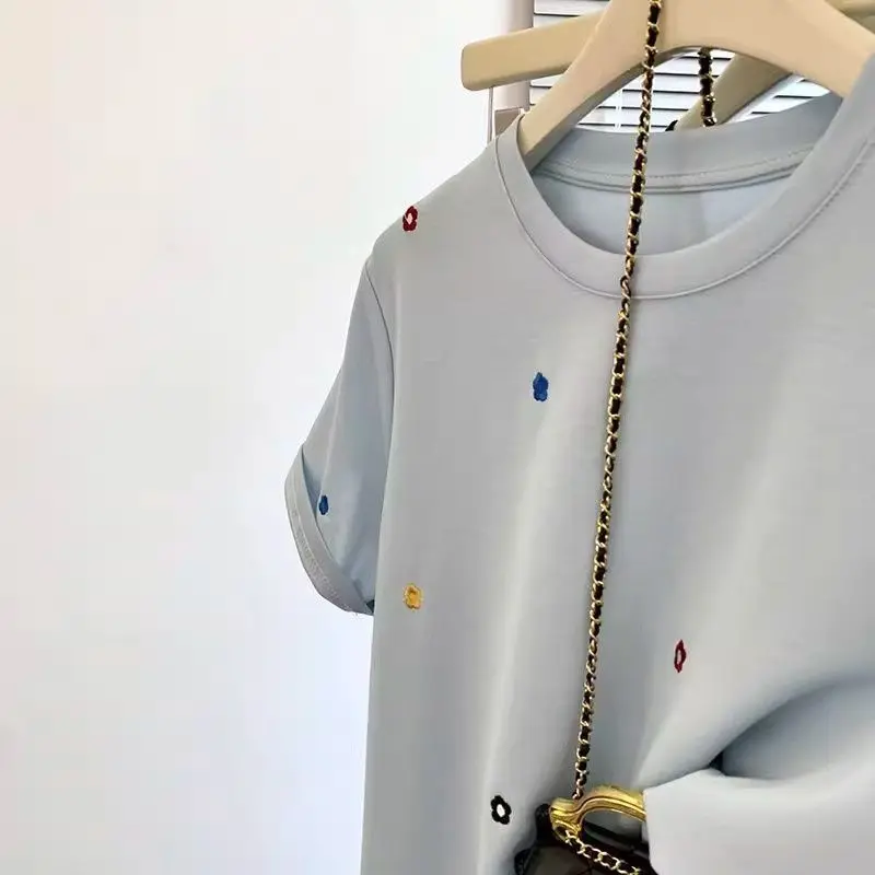 Women Clothing Summer Fashion Casual Printing Solid Color O-neck Female All-match Young Style Slim Short Sleeve Appear Thin Tops