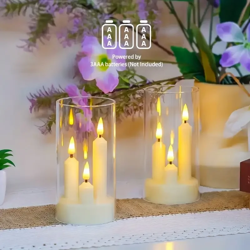3in1 Flameless Taper Short Candles with Acrylic Lampshade Battery Operated LED Pillar Flickering Candles for Wedding Halloween