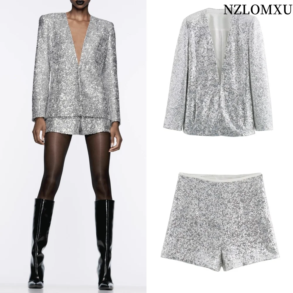 

2025 Summer New Product Women's Fashion Casual Slim Fit V-neck Long sleeved Sequin Suit Coat High Waist Shorts Set