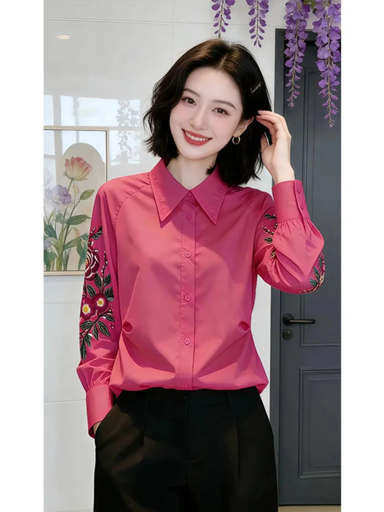 

Женская свободная блузка с вышивкой и длинными рукавами, повседневный модный дизайн, дышащий полиэстер, осенне-зимний топ