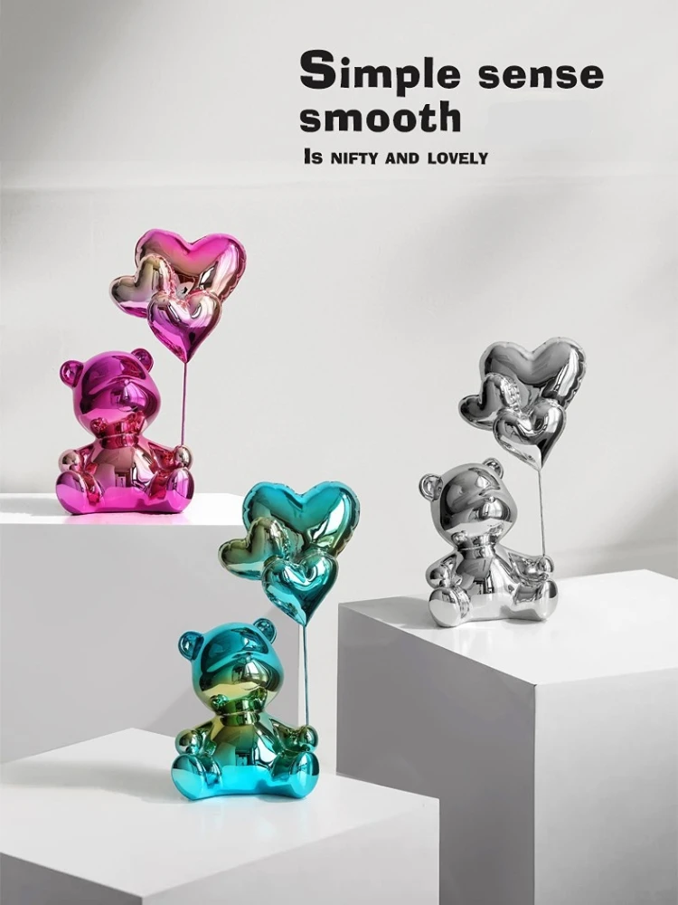 Home Decor Love Bear Figurine Nordic Modern Resin Animal Sculpture Balloon Flying Bear Ornaments Living Room Decoration Craft